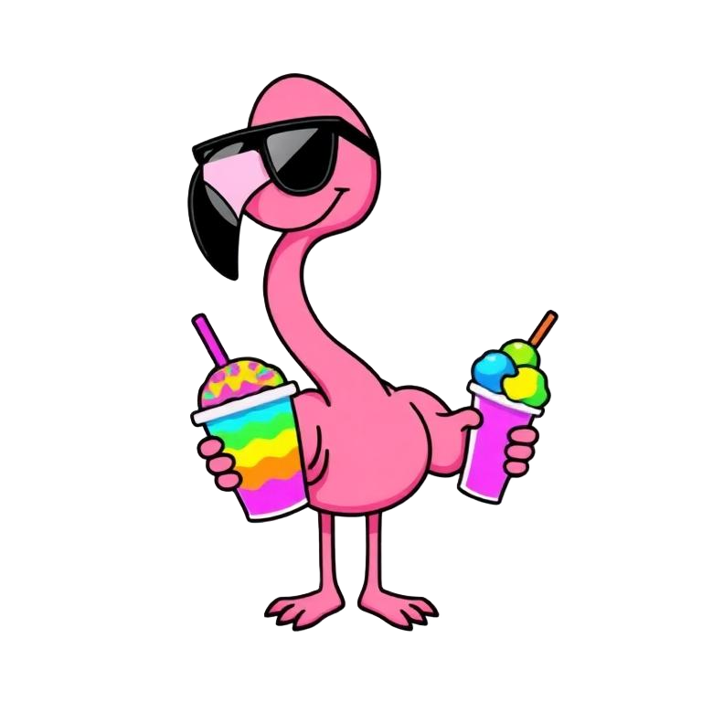 Pink flamingo mascot holding shave ice cups